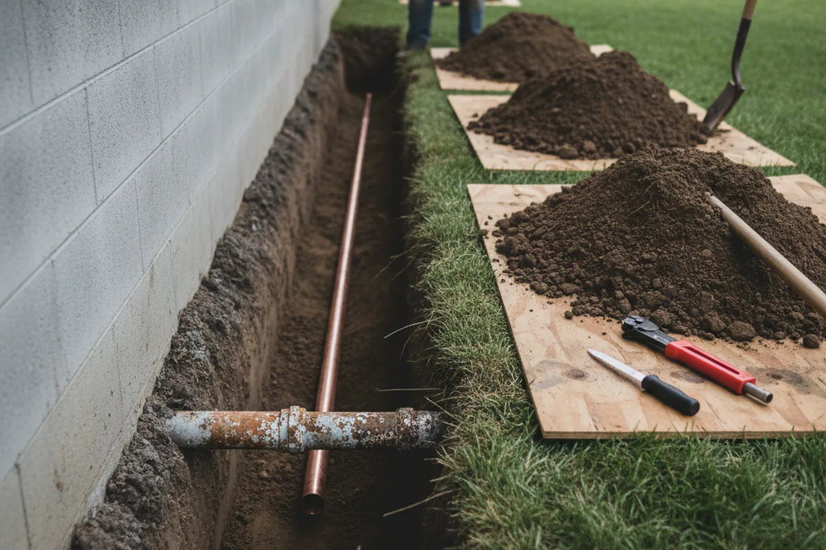 Excavated water line trench during Water Softener Installation in North Andover